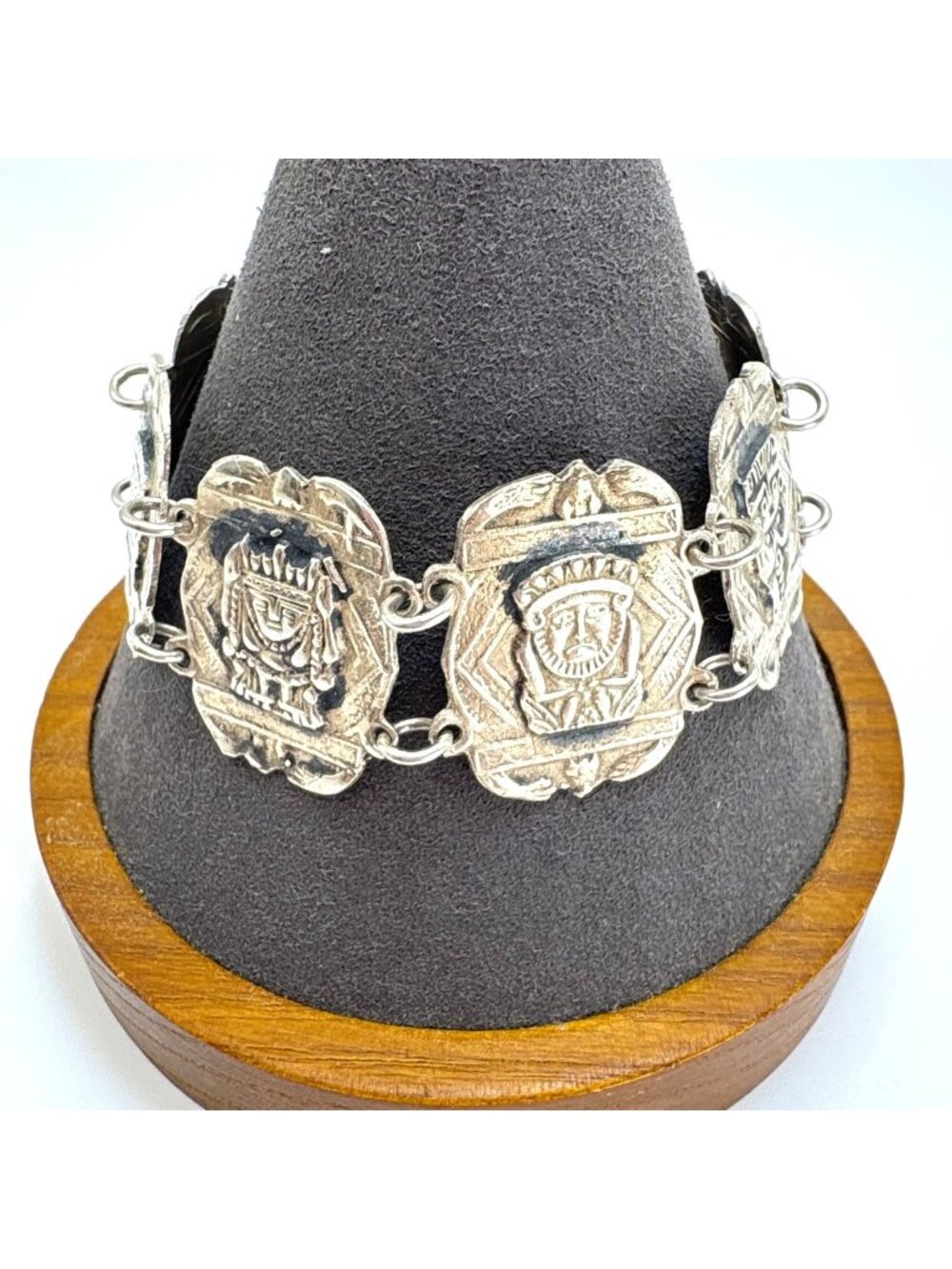 Aztec Native Design Link Chunky Bracelet Sterling Silver 7.25"